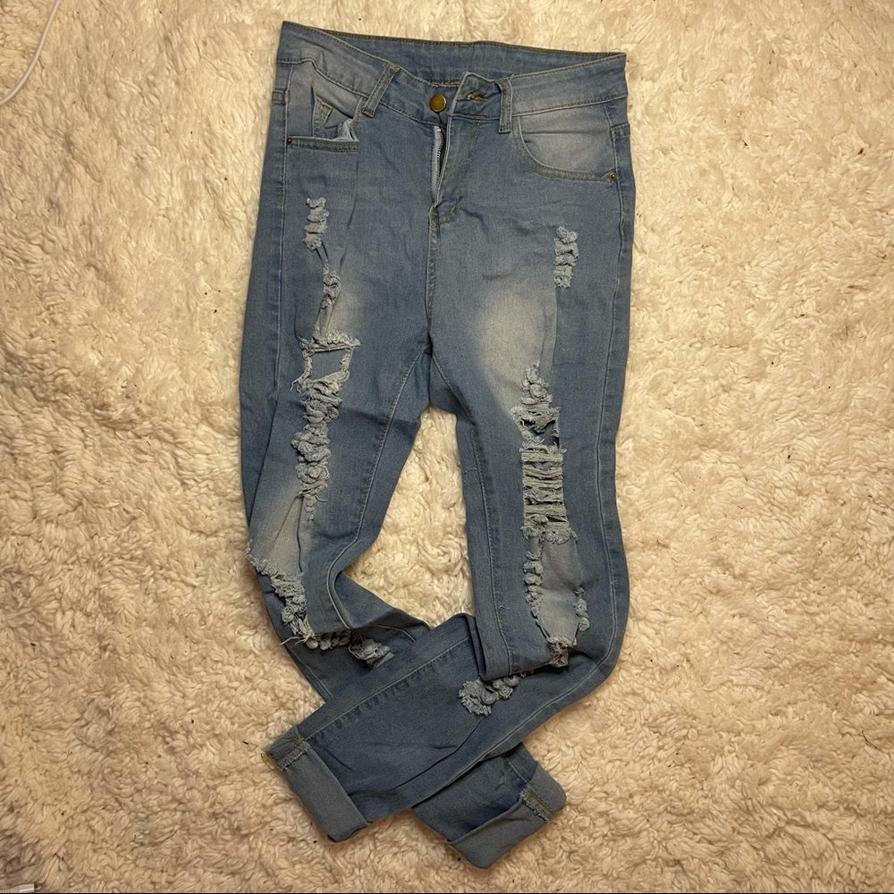 Shein Ripped Denim Light Wash Skinny Jeans, Size SM